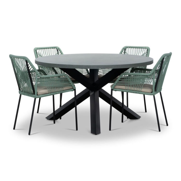 BUITEN living Meran/Seville mint dining tuinset | 4 personen | betonlook + touw | 135cm rond – Zwart