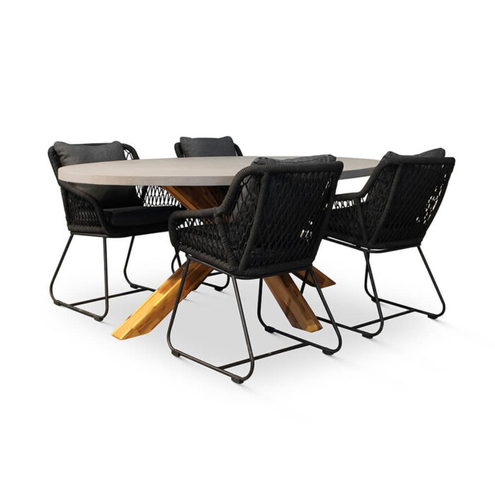 BUITEN living Livorno/Portofino zwart dining tuinset | 4 personen | betonlook + hardhout | 200cm ovaal – Betonlook, Zwart