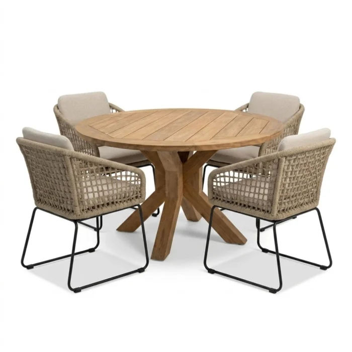 BUITEN living Genua/Tulum Sahara Dust dining tuinset | 4 personen | teakhout + touw | 120cm - Natural Teak