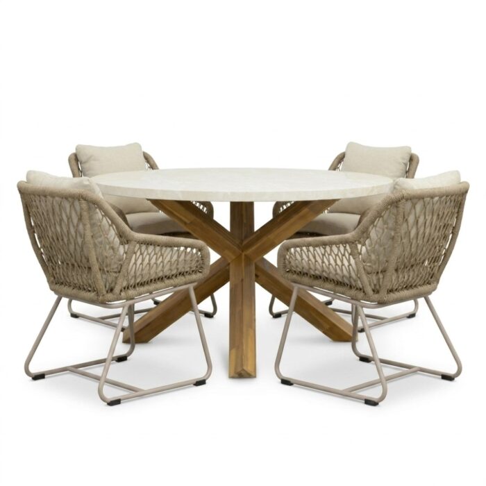 BUITEN living Lucy/Portofino Sandstone dining tuinset | 4 personen | polystone + touw | 135cm rond – Taupe – Naturel – Bruin, Beige