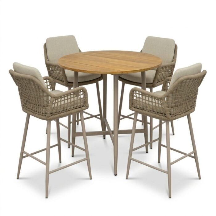 LUX outdoor living Valencia Sandstone dining barset | 4 personen | teakhout + touw | 90cm