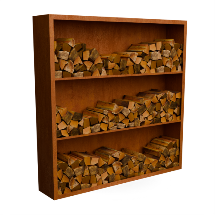 Geroba Egura cortenstaal Houtopslag 3 vakken met achterwand L200 x B38,5 x H200 cm – bruin