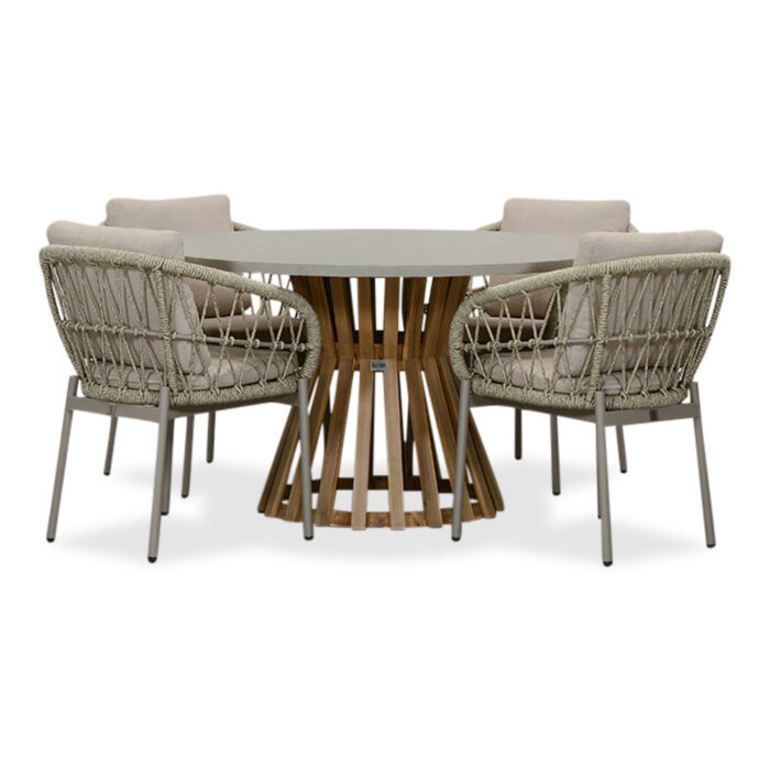 BUITEN living Elzas/Dakota beige dining tuinset | 4 personen | betonlook + touw | 135cm rond – Zand
