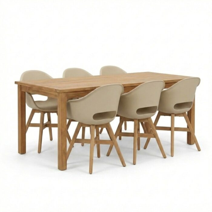 BUITEN living Singapore/Karlstad beige dining tuinset | 6 personen | teakhout + kunststof | 200cm