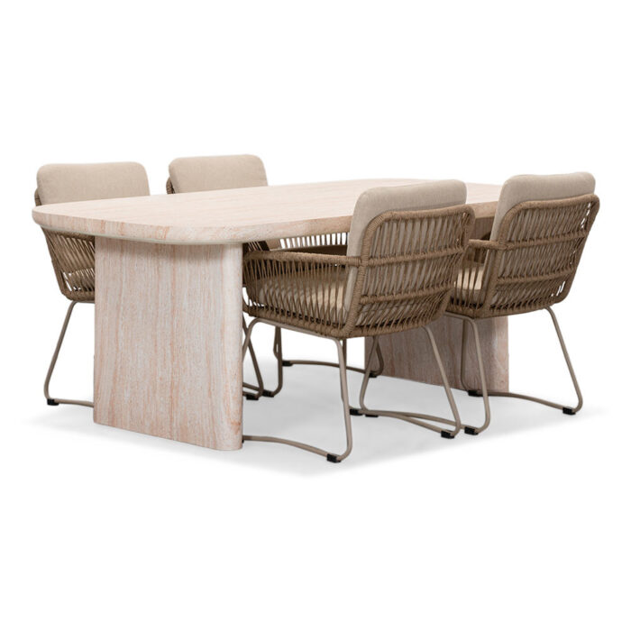 BUITEN living Mees/Harper Sandstone dining tuinset | 4 personen | travertin + touw | 200cm – Zand