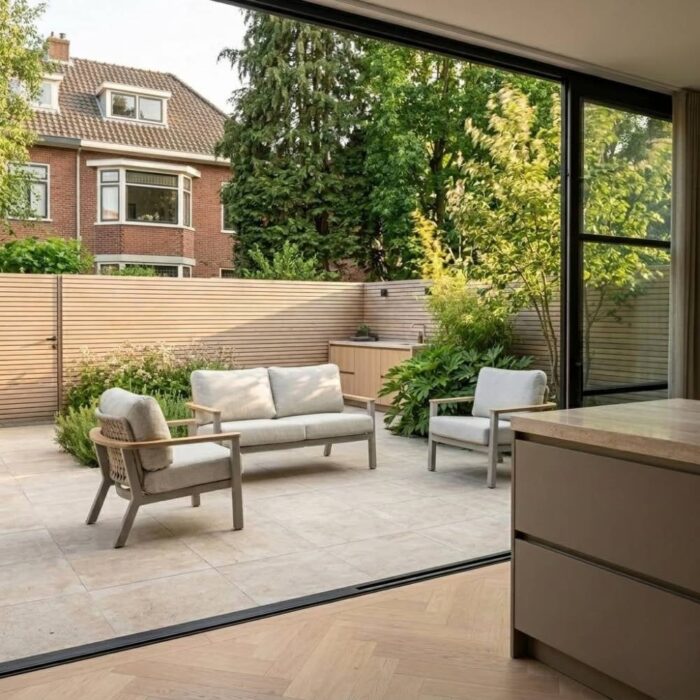 LUX outdoor living Montana stoel-bank loungeset 4 personen | aluminium + teak | beige | 3-delig