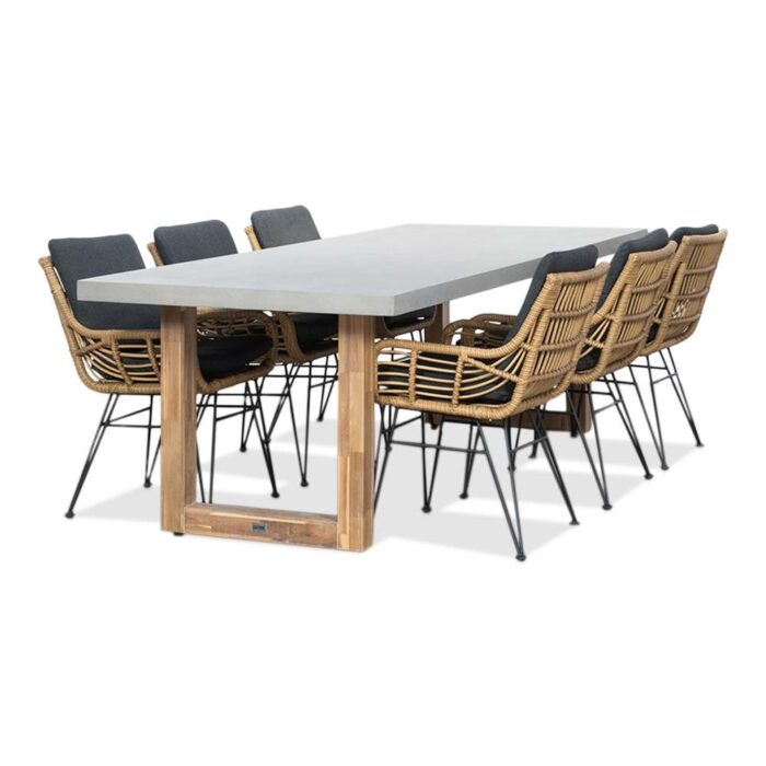 BUITEN living Lausanne/Carlos Antraciet dining tuinset | 6 personen | betonlook + wicker | 250cm – Light Teak, Betonlook, Antraciet