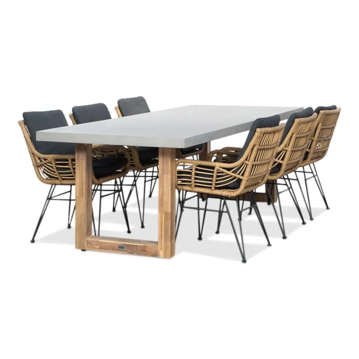 BUITEN living Lausanne/Carlos Antraciet dining tuinset | 6 personen | betonlook + wicker | 250cm - Light Teak, Betonlook, Antraciet