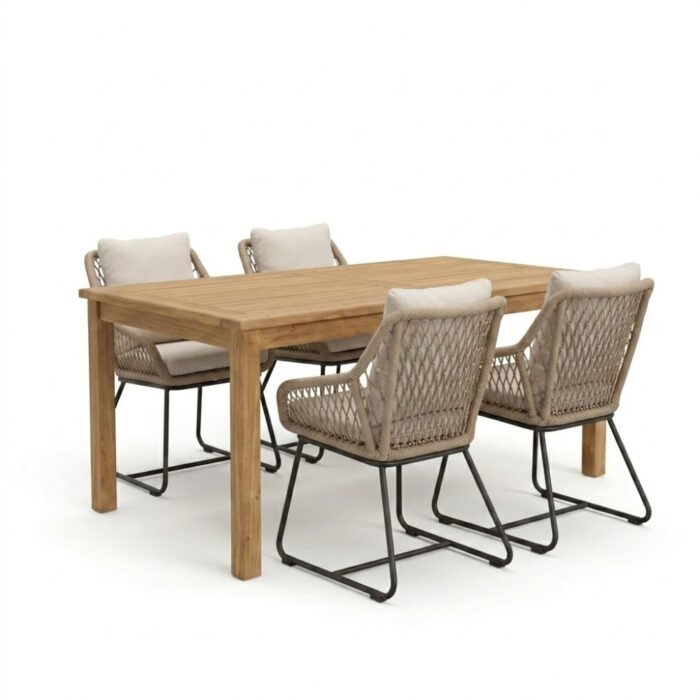 BUITEN living Singapore/Portofino Sahara Dust dining tuinset | 4 personen | teakhout + touw | 150cm - Natural Teak