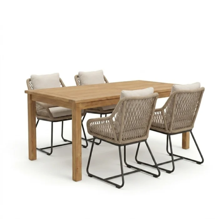 BUITEN living Singapore/Portofino Sahara Dust dining tuinset | 4 personen | teakhout + touw | 150cm - Natural Teak