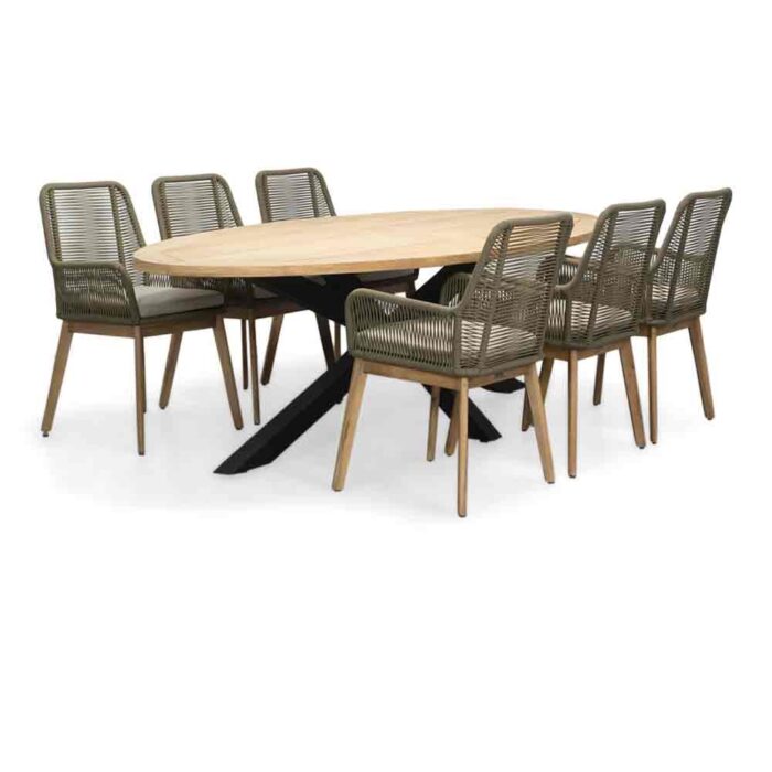 LUX outdoor living Cleve/Padua olijfgroen dining tuinset | 6 personen | teakhout + touw | 240cm ovaal – Grijs