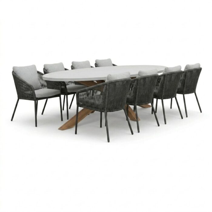 BUITEN living Livorno/Lexis Stone Grey dining tuinset | 8 personen | polystone + touw | 280cm – Betonlook