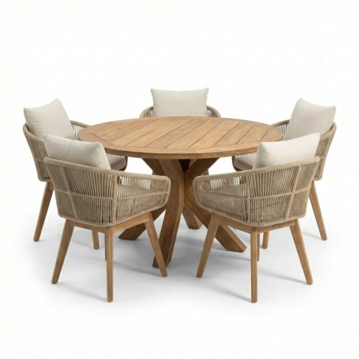 BUITEN living Genua/Bella zand dining tuinset | 5 personen | teakhout + touw | 140cm rond