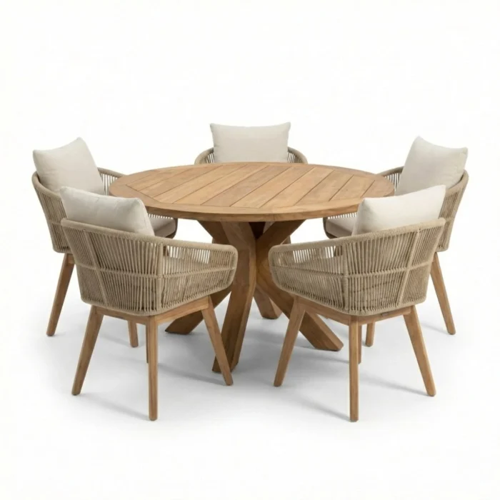 BUITEN living Genua/Bella zand dining tuinset | 5 personen | teakhout + touw | 140cm rond