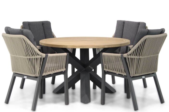 Lifestyle Garden Furniture Verona/Rockville 120 cm rond dining tuinset 5-delig – Taupe-naturel-bruin