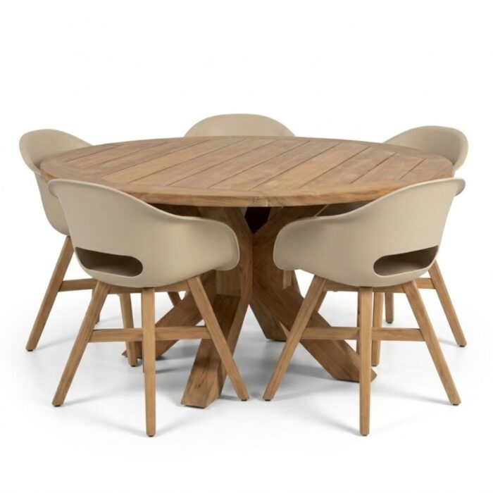 BUITEN living Genua/Karlstad beige dining tuinset | 5 personen | teakhout + kunststof | 140cm rond