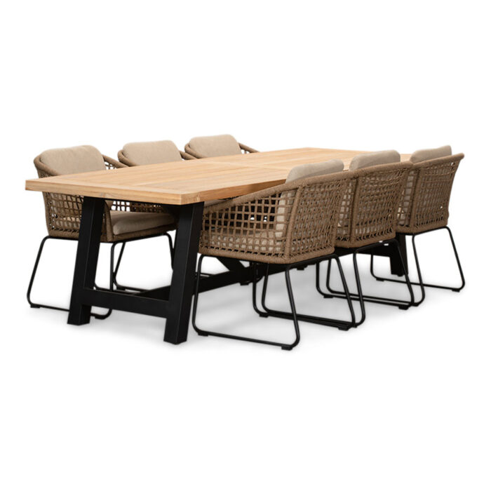 LUX outdoor living James/Tulum Sahara Dust dining tuinset | 6 personen | teakhout + touw | 260cm – Zand