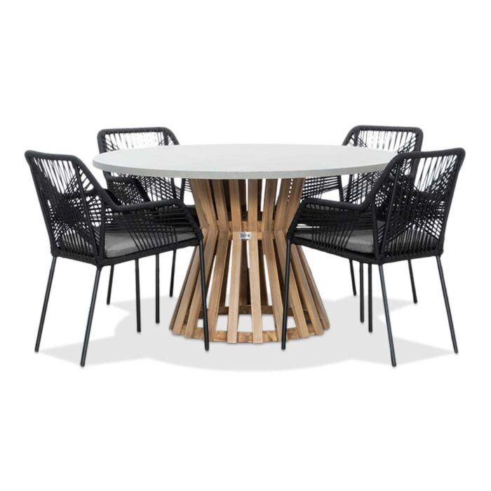 BUITEN living Elzas/Seville zwart dining tuinset | 4 personen | betonlook + touw | 135cm rond – Light Teak, Betonlook, Zwart