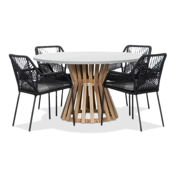 BUITEN living Elzas/Seville zwart dining tuinset | 4 personen | betonlook + touw | 135cm rond - Light Teak, Betonlook, Zwart