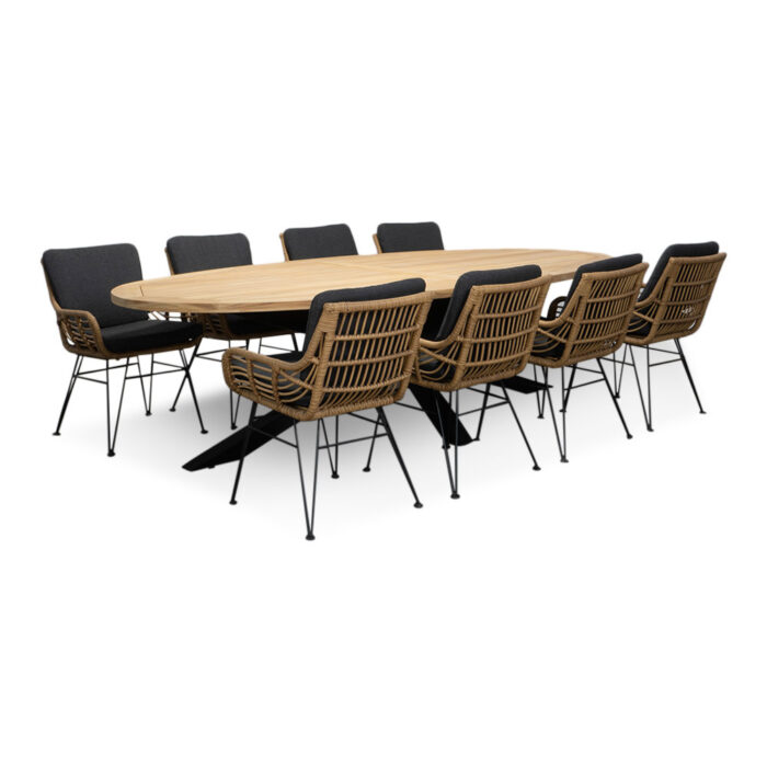 LUX outdoor living Cleve/Carlos antraciet dining tuinset | 8 personen | teakhout + wicker | 280cm ovaal