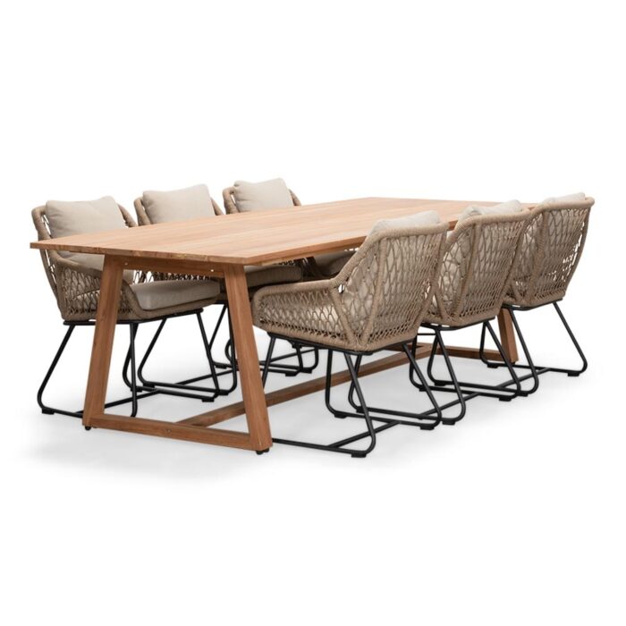 BUITEN living Gotenburg/Portofino Sahara Dust dining tuinset | 6 personen | teakhout + touw | 250cm – Zand