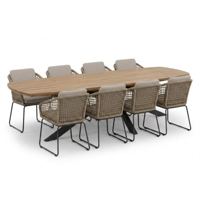 LUX outdoor living Salo/Tulum Sahara Dust dining tuinset | 8 personen | hardhout + touw | 280cm Deens – Naturel