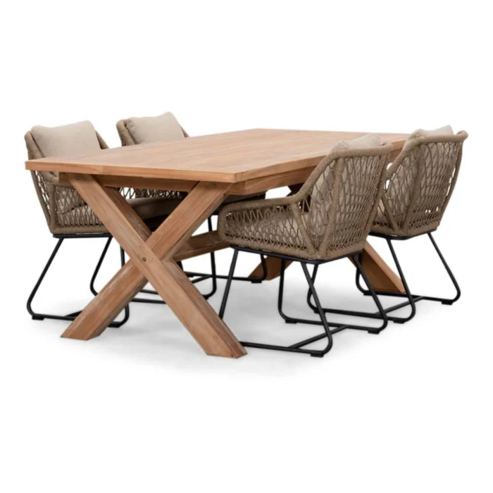 BUITEN living Riga/Portofino Sahara Dust dining tuinset | 4 personen | teakhout + touw | 200cm - Zand