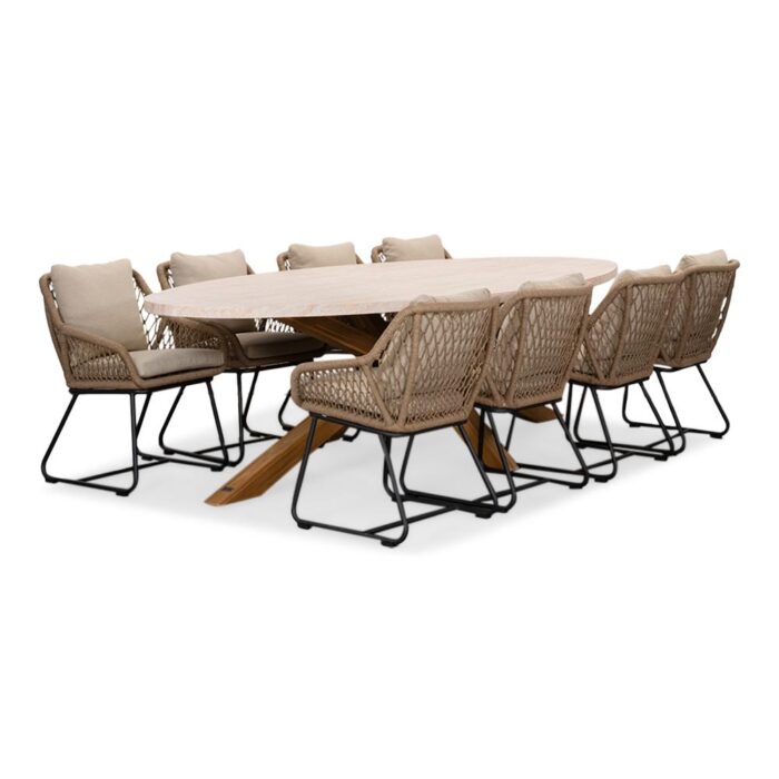 BUITEN living Lorento/Portofino Sahara Dust dining tuinset | 8 personen | travertin + touw | 280cm – Zand