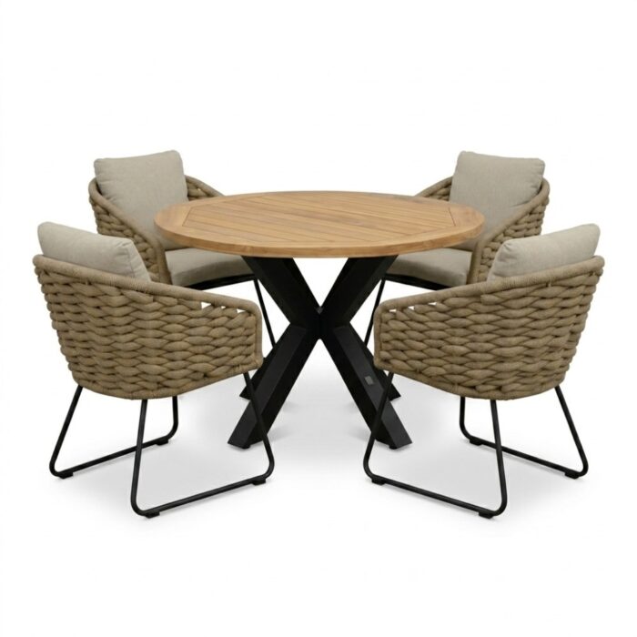 LUX outdoor living Cleve antraciet/Flora Sahara Dust dining tuinset | 4 personen | teakhout + touw | 120cm rond