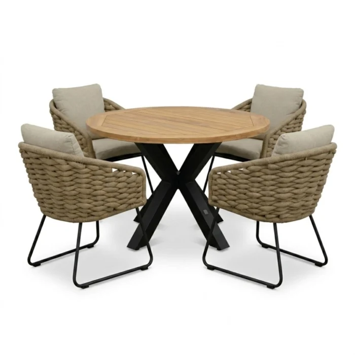 LUX outdoor living Cleve antraciet/Flora Sahara Dust dining tuinset | 4 personen | teakhout + touw | 120cm rond