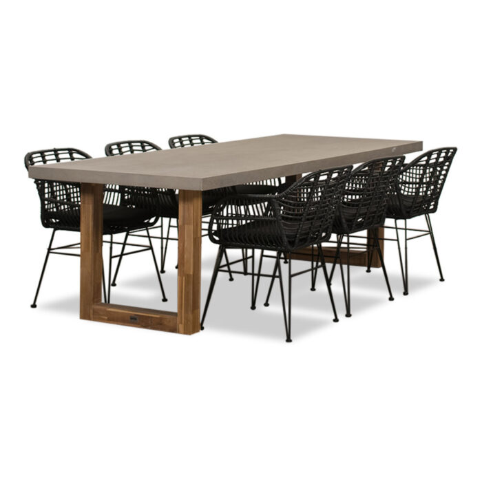 BUITEN living Lausanne/Napels dining tuinset | 6 personen | hardhout + wicker | 250cm – Light Teak, Betonlook, Zwart