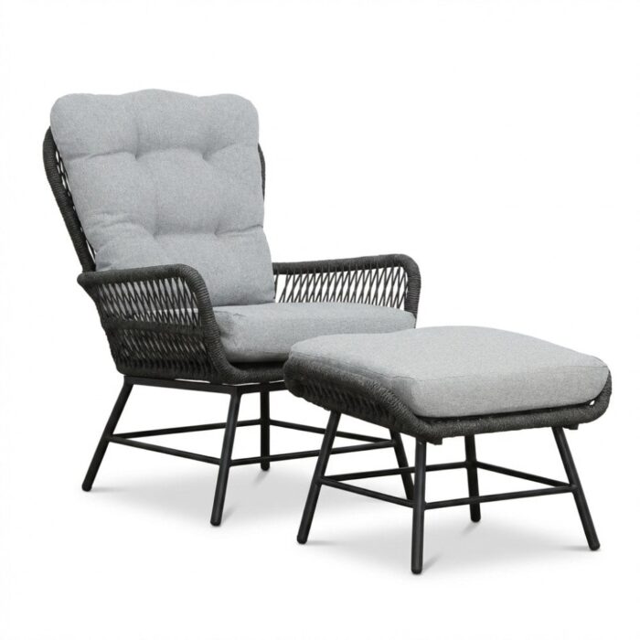 BUITEN living Dex loungestoel incl. voetenbank | touw + aluminium | Stone Grey