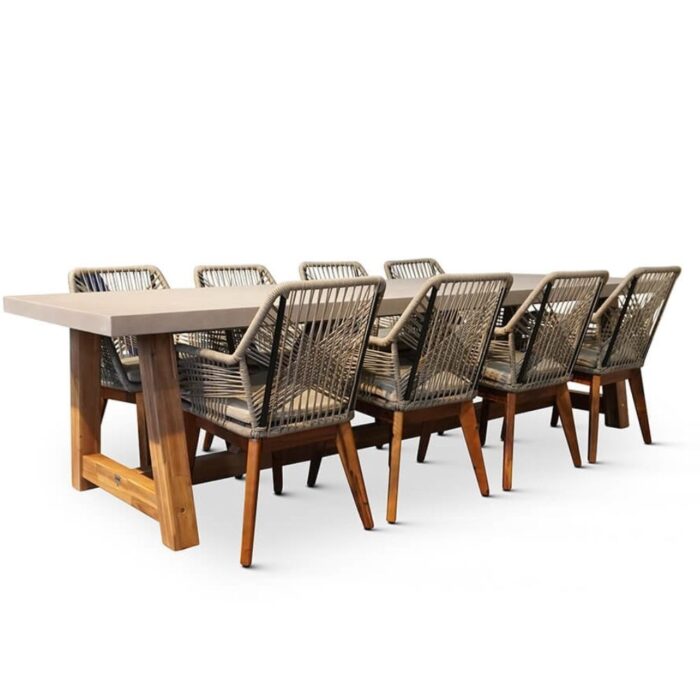 BUITEN living Veltis/Seville zand hout dining tuinset | 8 personen | betonlook + touw | 300cm – Taupe – Naturel – Bruin, Betonlook