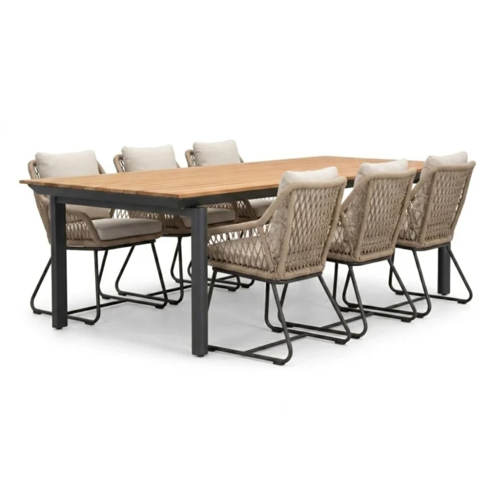 LUX outdoor living Montana/Portofino Sahara Dust dining tuinset | 6 personen | aluminium + touw | 240x100cm - Natural Teak