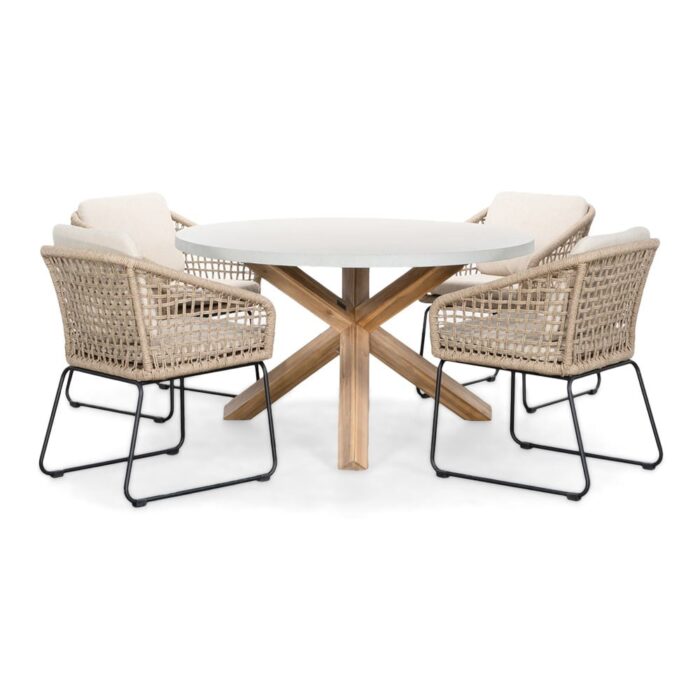 BUITEN living Nancy/Tulum Sahara Dust dining tuinset | 4 personen | betonlook + touw | 135cm rond – Zand