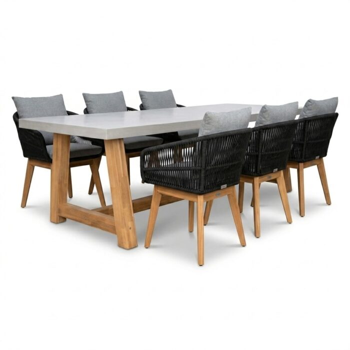 BUITEN living Veltis/Bella zwart dining tuinset | 6 personen | polystone + touw | 250cm