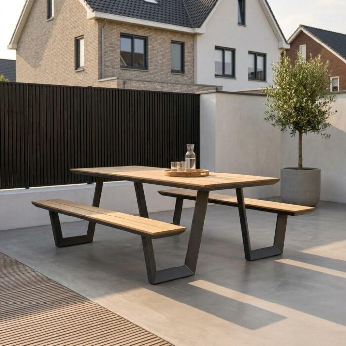 LUX outdoor living Brisbane picknick dining tuinset | aluminium + polywood | Natural Wood/antraciet | 200cm – Zwart