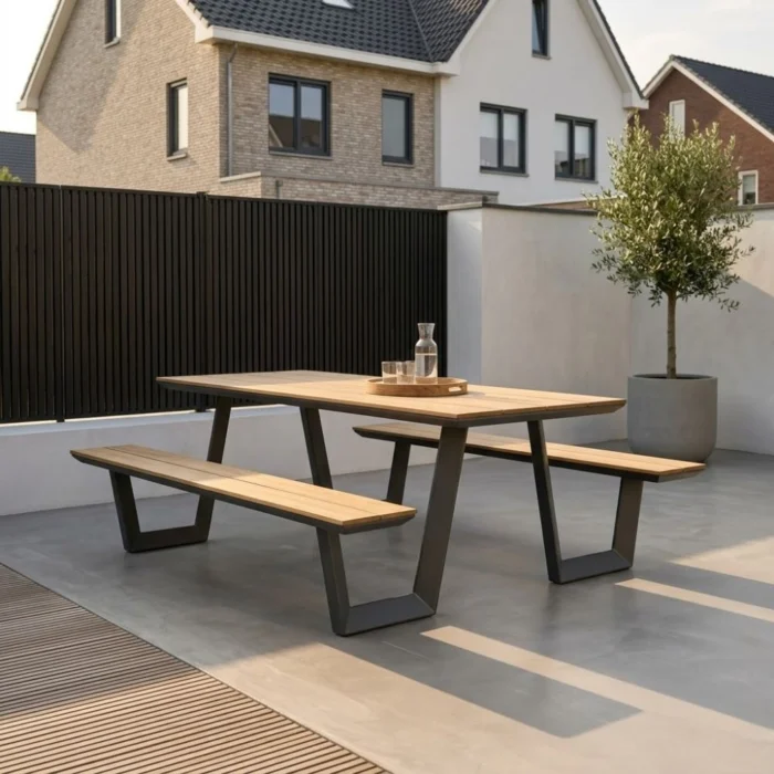 LUX outdoor living Brisbane picknick dining tuinset | aluminium + polywood | Natural Wood/antraciet | 200cm - Zwart