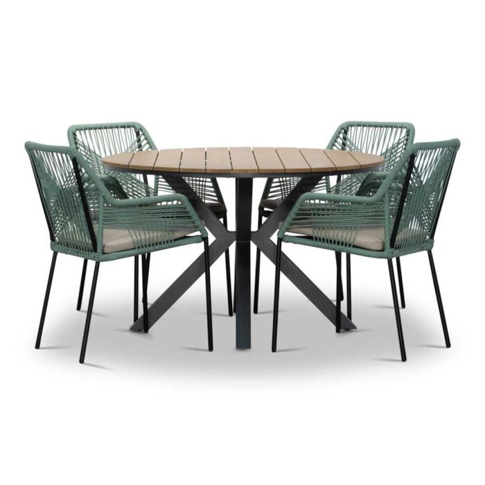 LUX outdoor living Cervo/Seville mint dining tuinset | 4 personen | polywood + touw | 120cm – Light Teak, Groen
