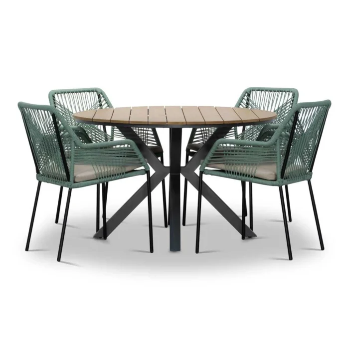 LUX outdoor living Cervo/Seville mint dining tuinset | 4 personen | polywood + touw | 120cm - Light Teak, Groen