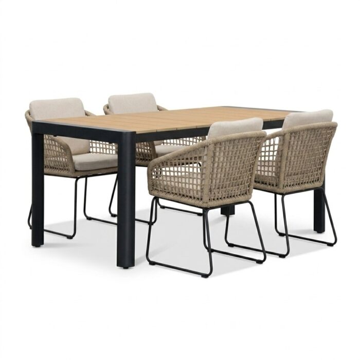 LUX outdoor living Liverpool/Tulum Sahara Dust dining tuinset | 4 personen | polywood + touw | 160cm – Naturel