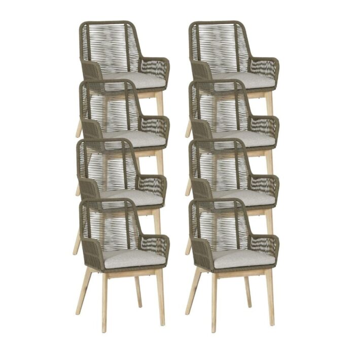 BUITEN living Padua dining tuinstoel set van 8 | touw + hardhout | olijfgroen