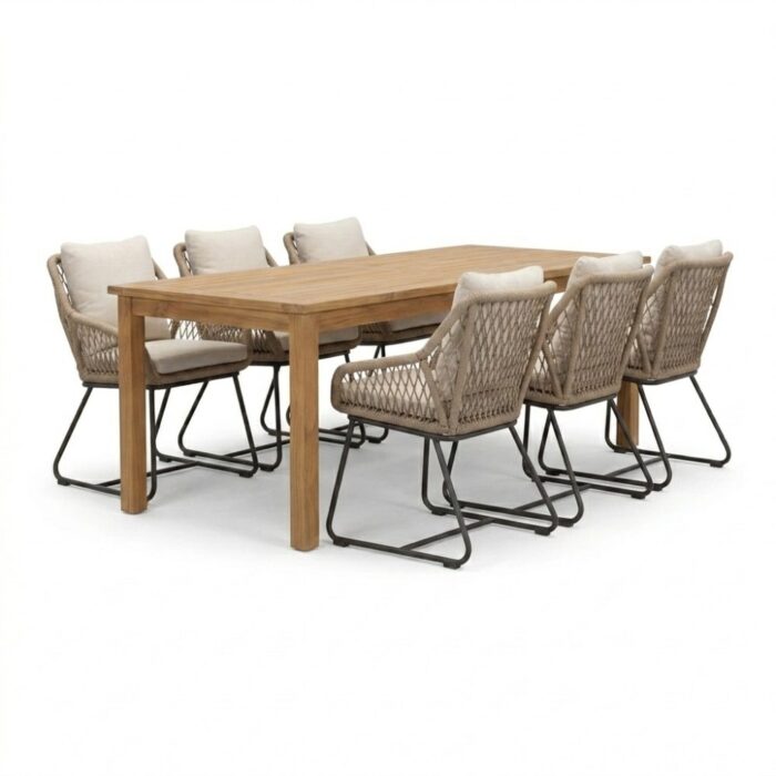 BUITEN living Singapore/Portofino Sahara Dust dining tuinset | 6 personen | teakhout + touw | 200cm – Natural Teak