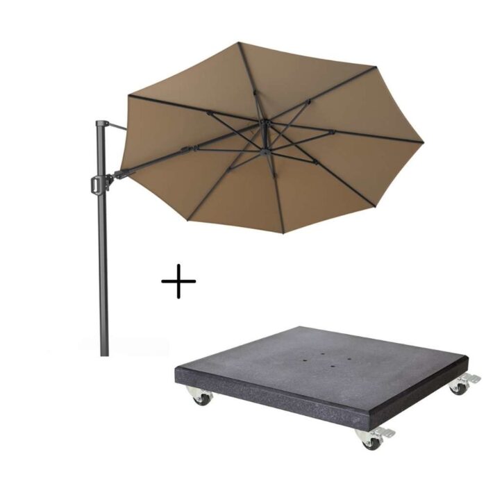 Platinum Challenger T² zweefparasol | Ø350cm rond met Modena parasolvoet 120kg | taupe – Taupe – Naturel – Bruin