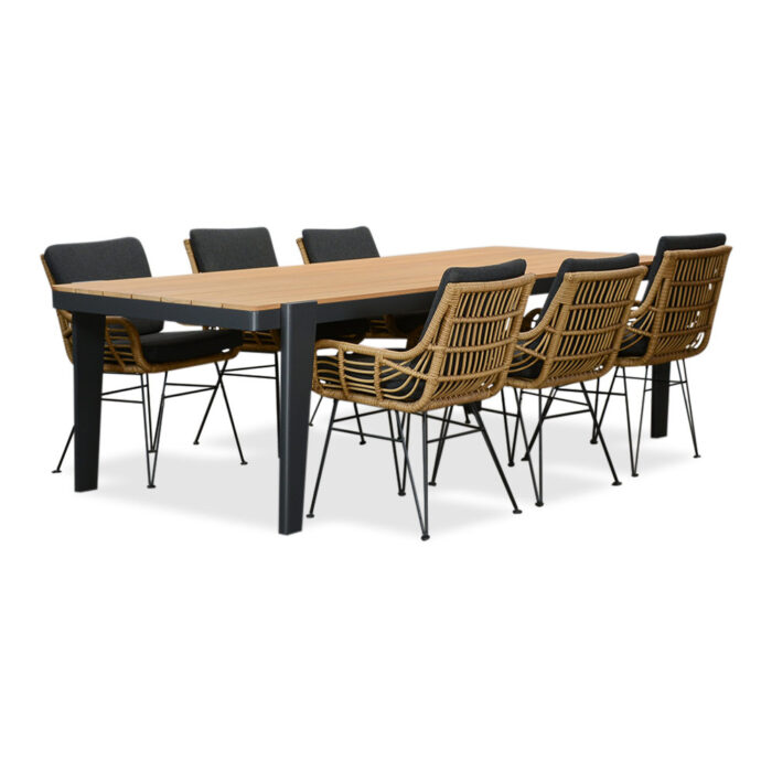 LUX outdoor living Vigo/Carlos antraciet dining tuinset | 6 personen | teakhout + wicker | 260cm