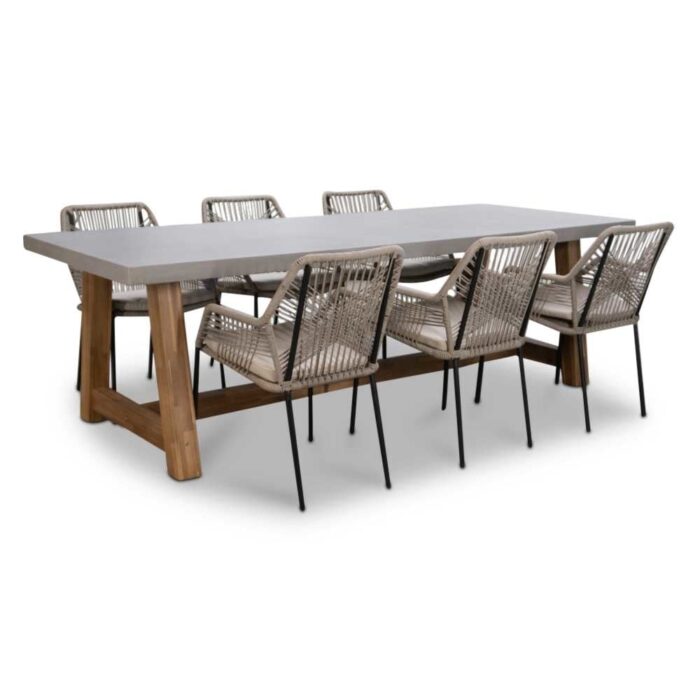 BUITEN living Veltis/Seville zand dining tuinset | 6 personen | betonlook | 250cm – Taupe – Naturel – Bruin, Betonlook, Zwart, Grijs