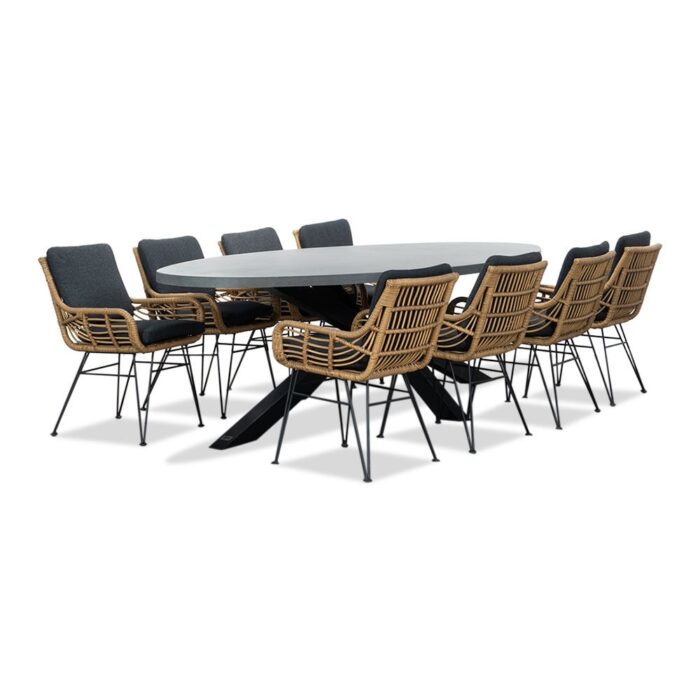 BUITEN living Stockholm/Carlos antraciet dining tuinset | 8 personen | betonlook + wicker | 280cm ovaal