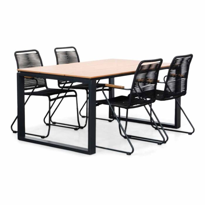 LUX outdoor living Helsinki Natural/Gladys zwart dining tuinset | 4 personen | polywood + touw | 160cm – Light Teak, Zwart