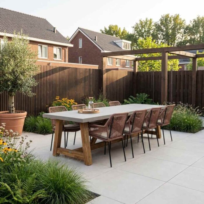 BUITEN living Veltis/Seville terra dining tuinset | 8 personen | betonlook + touw | 300cm – Betonlook, Rood