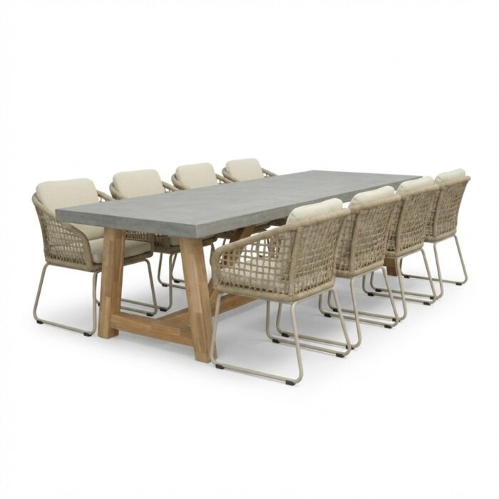 BUITEN living Veltis/Tulum Sandstone dining tuinset | 8 personen | polystone + touw | 300cm – Grijs